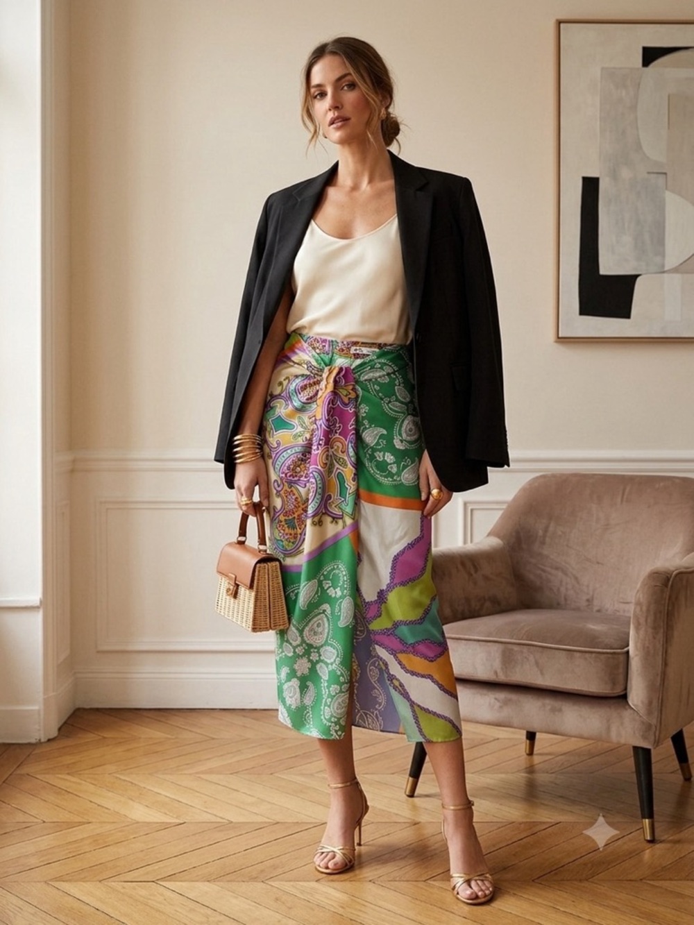 Zara Multicolor Paisley Print Midi Skirt with Green Panels